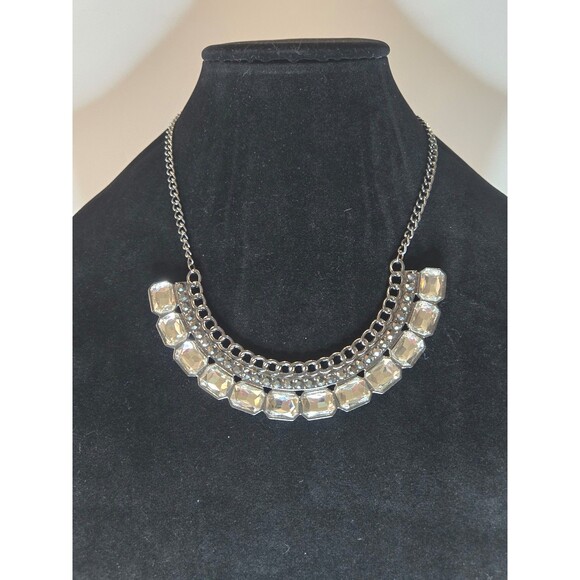 unbranded Jewelry - Silver Tone Statement Necklace Large Bib w Clear Rhinestones Adjustable Length
